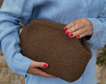 Woven Straw Dark Brown Handbag | Raffia Crochet Natural Clutch Bag | Knitted Raffia Pouch Clutch Bag