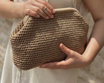 Raffia Beige Crochet Clutch Bag | Natural Summer Handbag | Straw Knitted Clutch Bag With Hidden Metal Locked