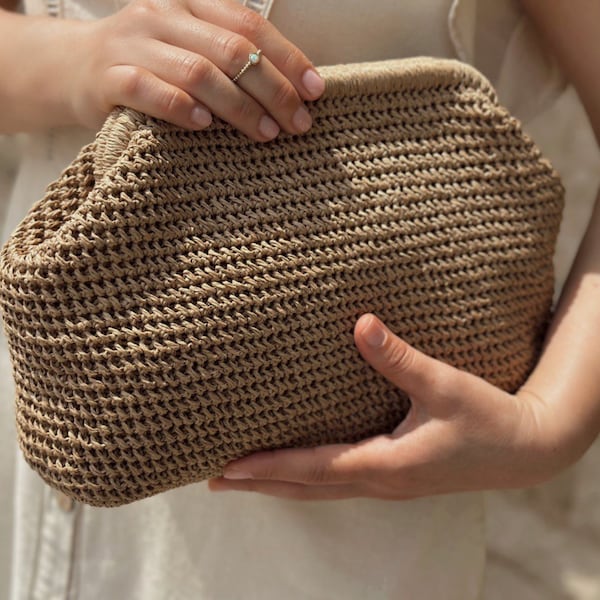 Raffia Beige Crochet Clutch Bag | Natural Summer Handbag | Straw Knitted Clutch Bag With Hidden Metal Locked