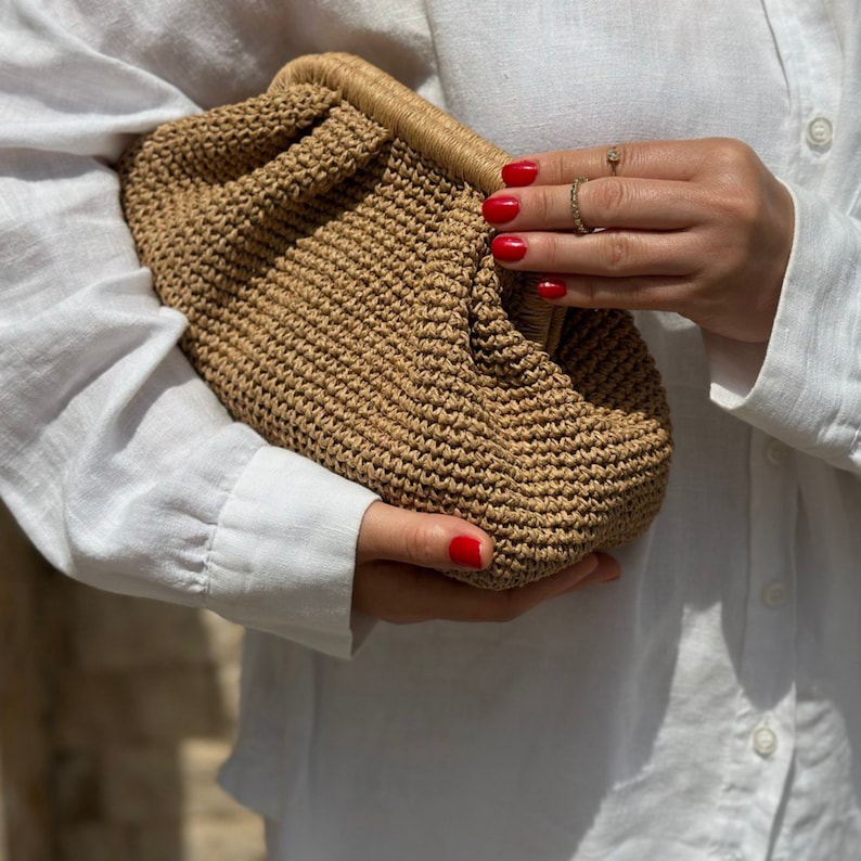 Small Raffia Beige Clutch Bag For Women Straw Knitted Raffia Bag Pouch Clutch Bag With Hidden Metal Locked image 7