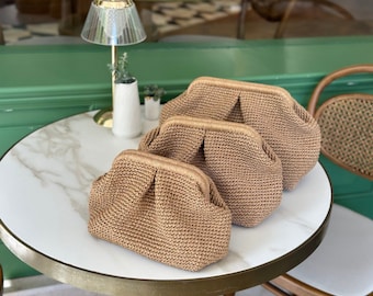 Raffia Crochet Natural Clutch Bag | Woven Straw Summer Handbag | Knitted Raffia Pouch Clutch Bag
