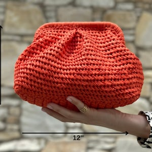 Orange Raffia Clutch Bag Straw Knitted Raffia Bag Pouch Clutch Bag With Hidden Metal Locked image 3