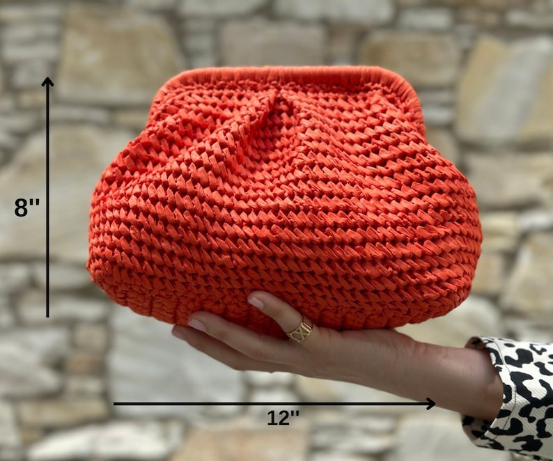 Orange Raffia Clutch Bag Straw Knitted Raffia Bag Pouch Clutch Bag With Hidden Metal Locked image 3