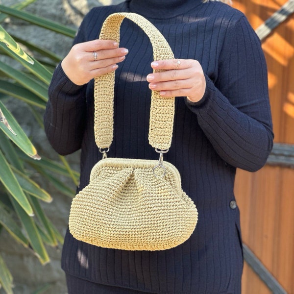 Straw Yellow Crochet Raffia Bag | Woven Straw Summer Handbag | Knitted Raffia Clutch For Women