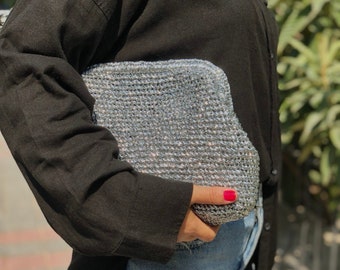 Metallic Raffia Pouch Clutch Bag | Handmade Knitting Wedding Clutch | Unique Design Evening Pouch Bag
