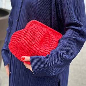 Red Raffia Bag with Bridesmaid • Straw Knitted Raffia Clutch • Small & Large - Stylish Crochet Accents