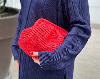 Red Raffia Bag with Bridesmaid • Straw Knitted Raffia Clutch • Small & Large - Stylish Crochet Accents