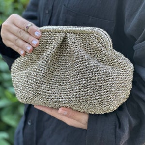 Sacs à main pochette dorée en raphia métallisé | Sacs à main d'été en raphia faits main | Sacs de soirée dorés pour femme | Sac pour occasion spéciale