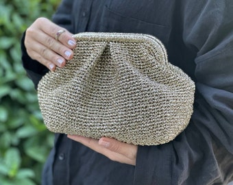 ゴールドクラッチメタリックラフィアハンドバッグ | ハンドメイドサマーラフィアハンドバッグ | ゴールドイブニングレディースバッグ | 特別な日のためのバッグ