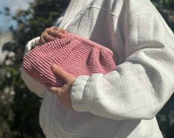 Small Raffia Pink Clutch Bag For Women | Straw Knitted Raffia Bag | Pouch Clutch Bag With Hidden Metal Locked