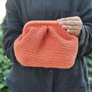 Orange Raffia Clutch Bag For Women | Handmade Woven Straw Purse With Zipper | Boho Summer Clutch For Beach Vacations Parties Or Weddings