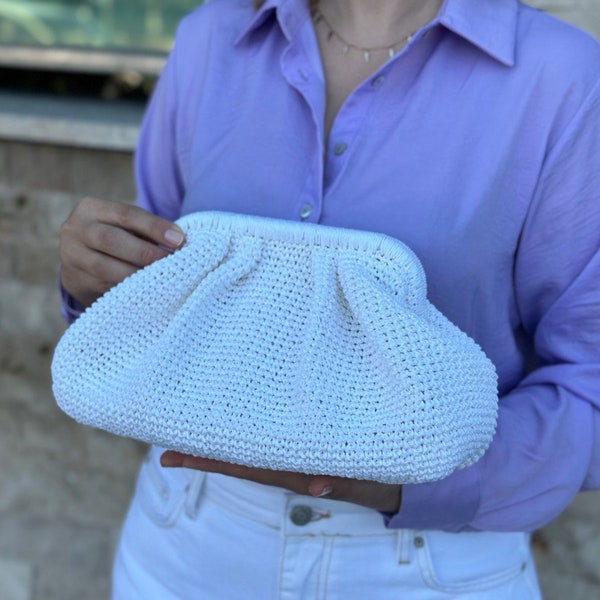 White Raffia Natural Clutch Bag | Woven Straw  Handbag | Knitting Boho Crochet Styles