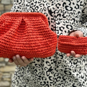 Orange Raffia Clutch Bag Straw Knitted Raffia Bag Pouch Clutch Bag With Hidden Metal Locked image 7