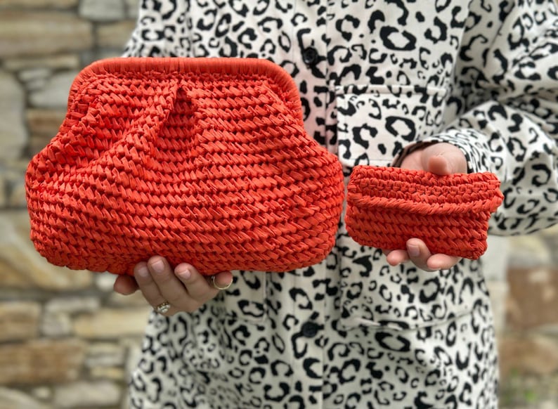 Orange Raffia Clutch Bag Straw Knitted Raffia Bag Pouch Clutch Bag With Hidden Metal Locked image 7