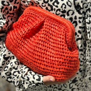 Orange Raffia Clutch Bag Straw Knitted Raffia Bag Pouch Clutch Bag With Hidden Metal Locked image 1