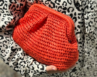 Orange Raffia Clutch Tasche | Stroh Gestrickte Raffia Tasche | Pouch Clutch Bag mit versteckten Metall verschlossen