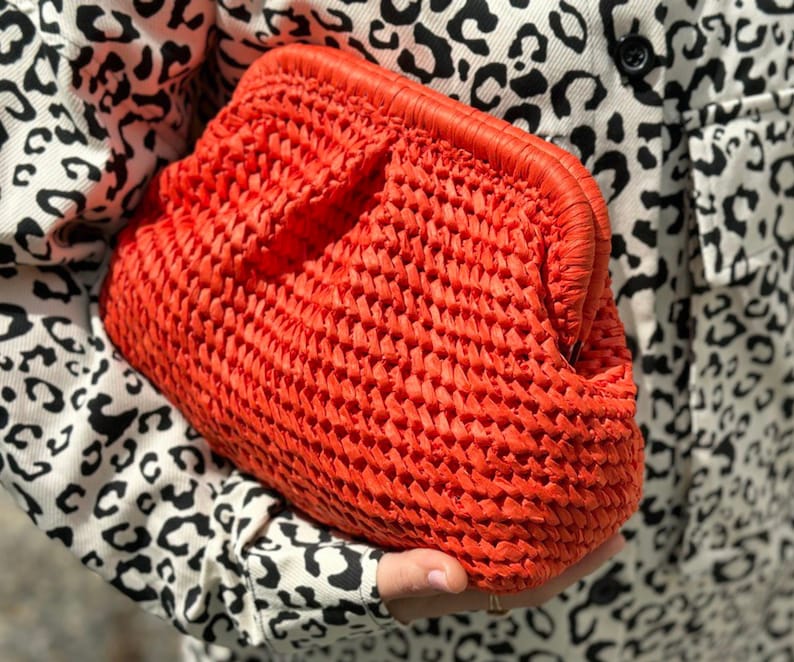 Orange Raffia Clutch Bag Straw Knitted Raffia Bag Pouch Clutch Bag With Hidden Metal Locked image 1