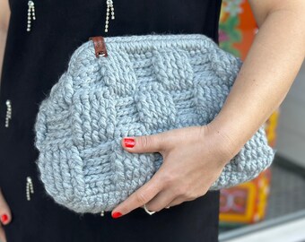 Light Gray Wool Clutch Handbag For Women With Hidden Metal Lock | Puzzle Wool Pouch Clutch | Handmade Evening Bag For Weddings Or Daily Use