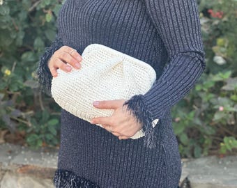 Ivory Raffia Clutch Bag For Women | Handmade Straw Purse With Zipper | Woven Boho Clutch For Summer Weddings Beach Parties Or Vacations