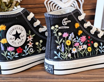 Converse embroidered shoes,Converse Chuck Taylor 1970s,Converse custom small flower /Daisy Colorful flowers, moon embroidery