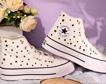 Custom Embroidery Converse Sports Shoes| Platform converse | Converse Custom | Converse High Neck Floral Embroidery | Wedding Gift