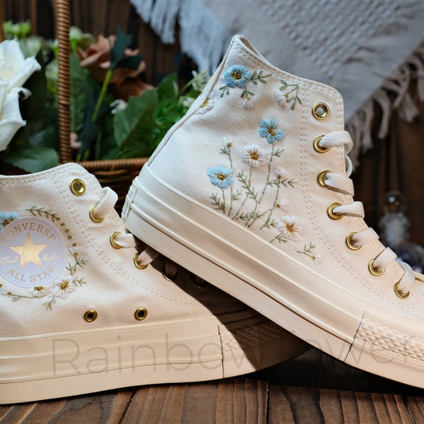 Embroidered converse/Bridal Converse/red rose embroidery/wedding Gifts/Custom Converse Chuck Taylor 1970s/white  blue flower embroidery