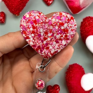 Red & Pink Heart Glitter Badge Reel, Valentine&#39;s Day, Holiday, RN, Nurse, CNA, Tech, Doctor, Student, Nurse Accessories, Gift For Nurse, MA