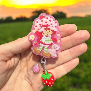 Strawberry Girl Handmade Badge Reel, Nurse Badge Reel, Teacher Badge Reel, Retractable Reel, Glitter Badge Reel, Cute, 80s Cartoon, Retro