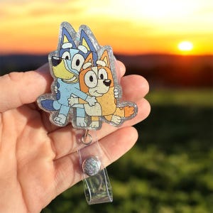 Bluey and Bingo Badge Reel, Nurse Badge Reel, Teacher Badge Reel, Retractable Reel, Glitter Badge Reel, Cute, Cartoon, Blue Dog, Pediatric