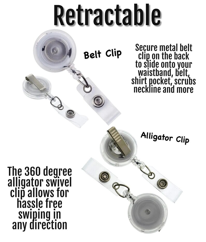 K&ouml;nnte beinhalten: Ein transparenter, einziehbarer Ausweishalter mit einem Metall-G&uuml;rtelclip und einem Alligatorclip. Der Halter verf&uuml;gt &uuml;ber einen 360-Grad-Schwenkclip f&uuml;r problemloses Wischen in jede Richtung. "Retractable" steht oben im Bild. "Belt Clip" und "Alligator Clip" stehen neben den Clips.