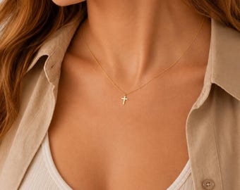 Halskette Mini-Kreuz 14K Gold sehr fein zart Layering