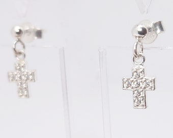 Ohrstecker kleine Kreuze hängend 925 Silber Zirkonia Kristalle