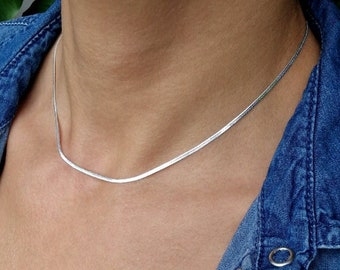 Snake chain flat narrow 925 silver herringbone necklace 2 mm