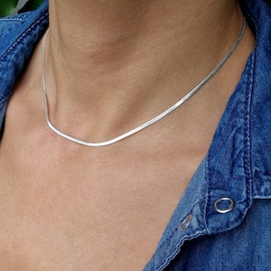 Snake chain flat narrow 925 silver herringbone necklace 2 mm