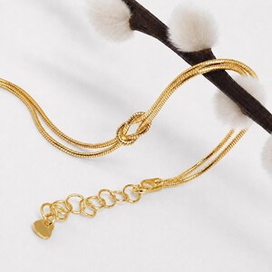 Puede incluir: Una pulsera de cadena de serpiente dorada con un nudo central. La pulsera incluye una cadena extensora ajustable con eslabones circulares y un peque&ntilde;o dije plano en forma de coraz&oacute;n en el extremo, colocada sobre una rama oscura con brotes blancos.