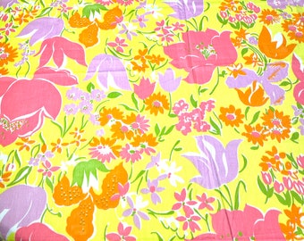 60s Boho Floral Cotton Fabric: Orange, Pink, Lavender Flowers