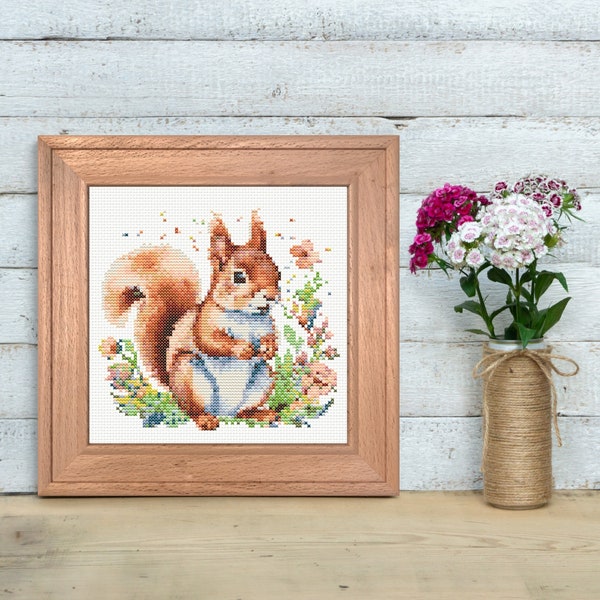 Spring Embroidery Cross Stitch Squirrel Pattern Flowers Design Handmade Embroidery Animal Idea Decor Natural Art Cute Pattern Cross Stitch