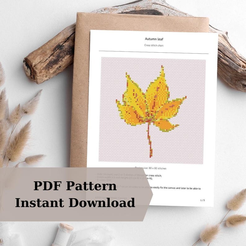 Autumn Leaf Cross Stitch PDF Pattern Yellow Fall Embroidery Leaf ...
