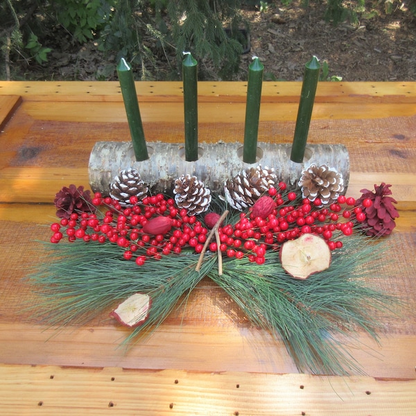 Yule Log Christmas Rustic Candle Holder Sugar Maple - Yellow Birch, Sugar Maple, Poplar, Pine - Tea Candle, Tapered Candle