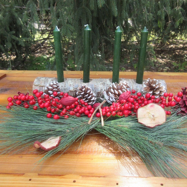 Yule Log - Christmas, White Birch, Yellow Birch, Sugar Maple, Pine - Centerpiece, Candle Holder, Tea Candle, Tapered Candle
