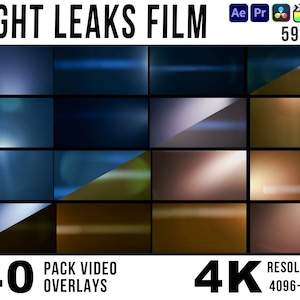Könnte beinhalten: Eine Sammlung von 40 Light-Leak-Video-Overlays in 4K-Auflösung (4096x2160 Pixel) zur Verwendung in Videobearbeitungssoftware wie After Effects, Premiere Pro, Final Cut Pro und DaVinci Resolve. Die Overlays sind in verschiedenen Farben und Stilen gehalten, darunter Blau, Gelb und Orange.