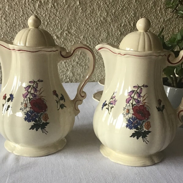 Tea or coffee pot of the bucolic « Agreste » model in french ironstone from Sarreguemines et Digoin with flower motifs