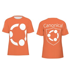 May include: Orange t-shirts with white logos. The front of the shirt features a large white circular design with four connected circles. The back of the shirt has the word "Canonical" above a white shield with a similar logo.
