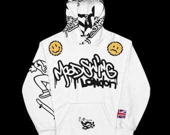 May include: White hoodie with a black and white graphic print of a person skateboarding and the text "Mod Swing London". The hoodie also features two yellow smiley faces and a small Union Jack flag on the sleeve.