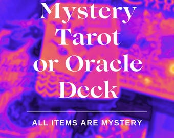 May include: A close-up of a purple and orange background with the text "Mystery Tarot or Oracle Deck" in white. The text "ALL ITEMS ARE MYSTERY" is also visible in white.