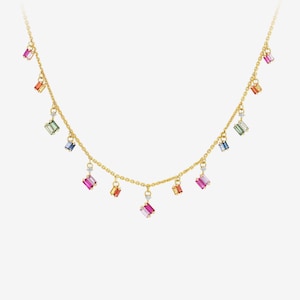 Dainty Gold Rainbow Necklace - Colorful Gemstone Silver Necklace - Layering Necklace For Women - Birthday Gifts For Her - Thanksgiving Gifts