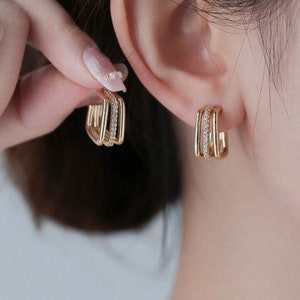 Triple Hoop Huggie Earrings - 925 Sterling Silver Hoop Earrings - Pave Gold Huggie Hoops - Diamond Wedding Earrings - Bridesmaid