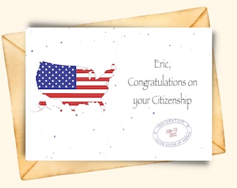 Personalisierte amerikanische Einwanderungskarte, Einwanderung USA Become American, Glückwunsch neue US-Bürgerkarte digitale Amerika Glückwünsche