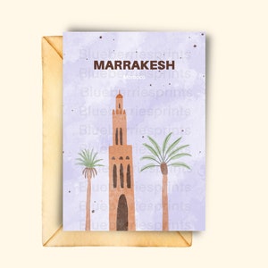 Marrakesh Minimalist Watercolor Card Marrakesh Palms Mosque Moroccan Art Marrakech Morocco instant card Aquarelle Carte souvenir Maroc