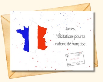 Personalisierte französische Staatsbürgerschaftskarte, Einwanderung Frankreich, die französisch wird, herzlichen Glückwunsch zur neuen französischen Staatsbürgerkarte digitale Frankreich Glückwünsche